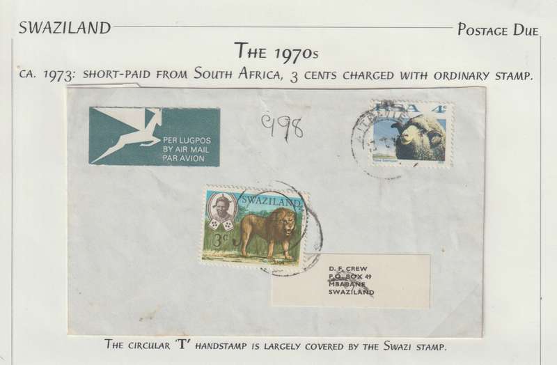 Swaziland 1973 SA 4c cover to Swaziland, Taxed and 3c Definitive used as postage due