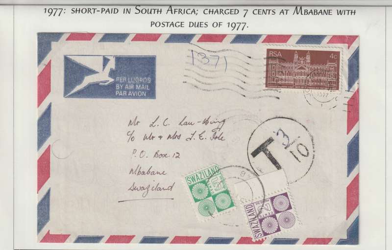 Swaziland 1977 SA 4c cover to Swaziland, Taxed and 2c & 5c postage dues