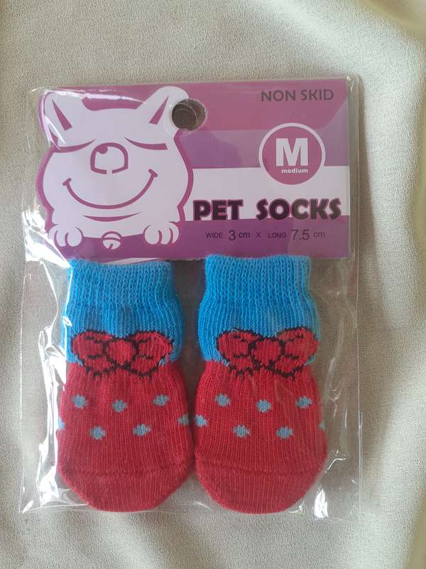 Non-skid Pet Socks - Medium Red Blue Polkadots and Bow Detail