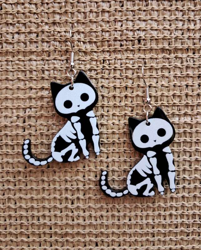 Skeleton Cat Acrylic Dangle Earrings - Black