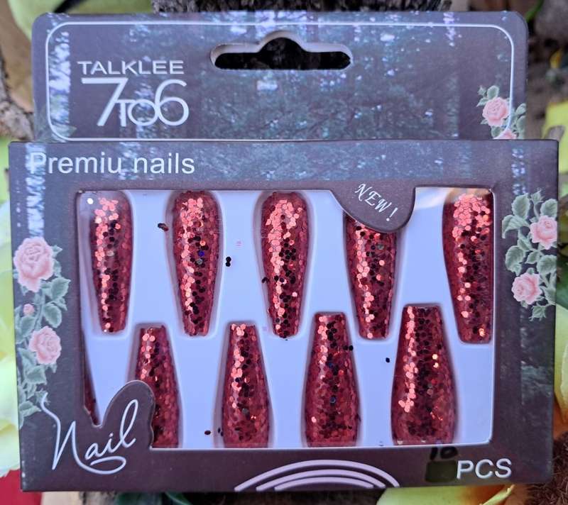 Press-on Glitter Nails - 10pc Red with Glue Dots
