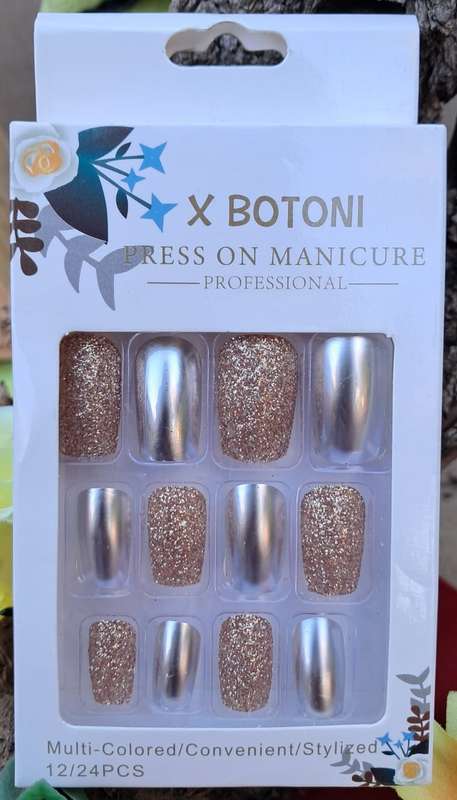 Press-on Glitter Nails - 12pc 'Old' Gold with Glue Dots