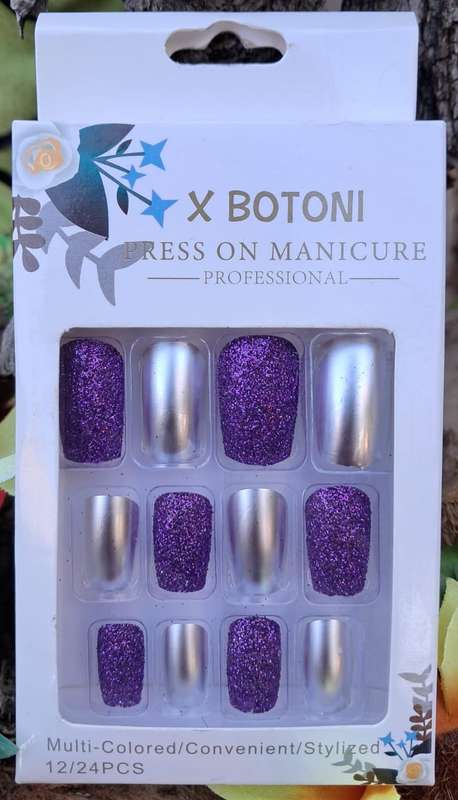 Press-on Glitter Nails - 12pc Purple with Glue Dots
