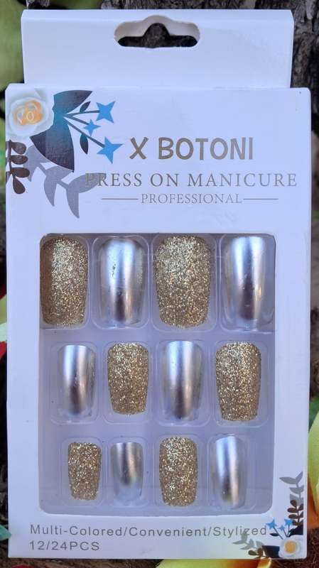 Press-on Glitter Nails - 12pc Pale Gold with Glue Dots