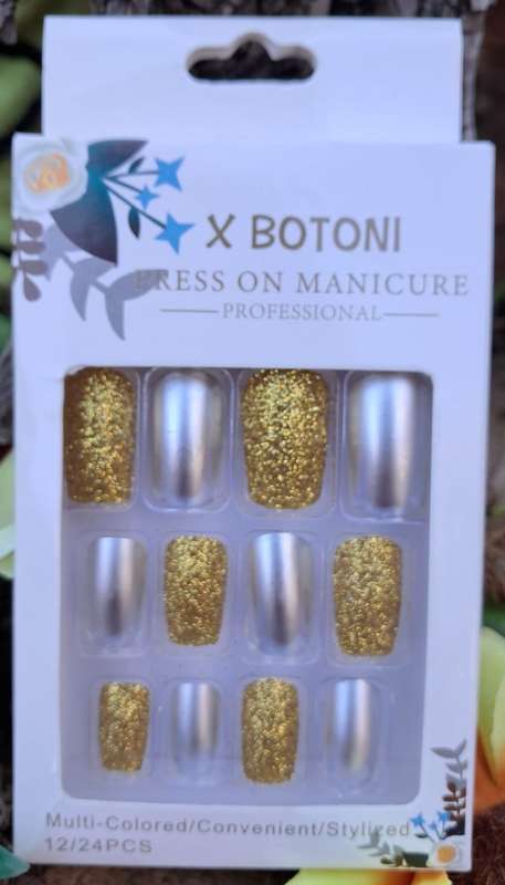Press-on Glitter Nails - 12pc Gold NO Glue Dots