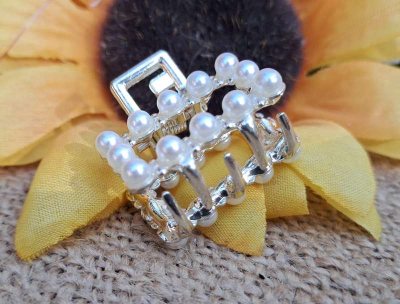 Metal Hair Clip - Small, Faux Pearl Rectangular