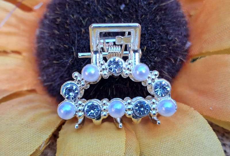 Metal Hair Clip - Small, Faux Pearl and Diamante Half-circle