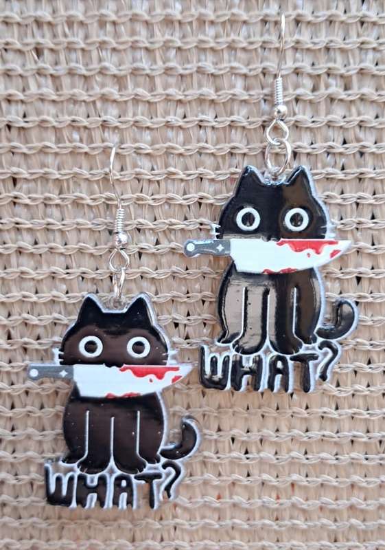 Spooky Cat Acrylic Dangle Earrings - 'WHAT?' Black