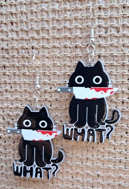 Spooky Cat Acrylic Dangle Earrings - 'WHAT?' Black
