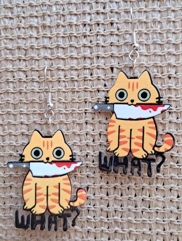 Spooky Cat Acrylic Dangle Earrings - 'WHAT?' Ginger