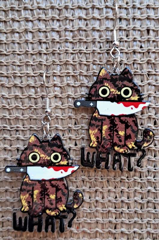 Spooky Cat Acrylic Dangle Earrings - 'WHAT?' Tortie