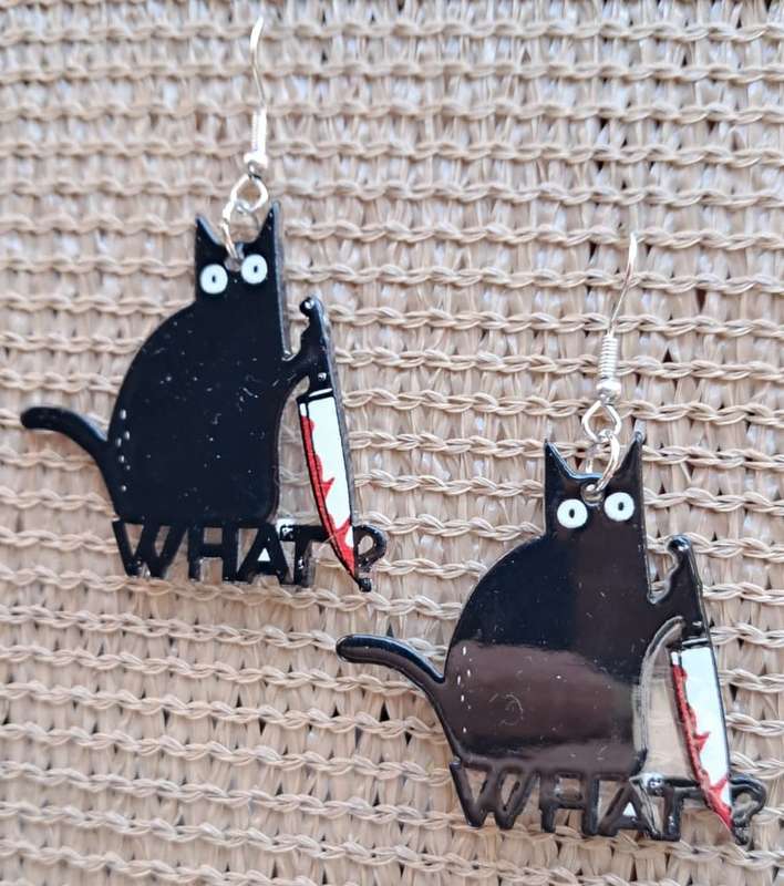 Spooky Cat Acrylic Dangle Earrings - 'WHAT?' Black