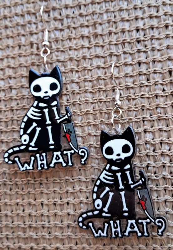 Skeleton Cat Acrylic Dangle Earrings - 'WHAT?' Black