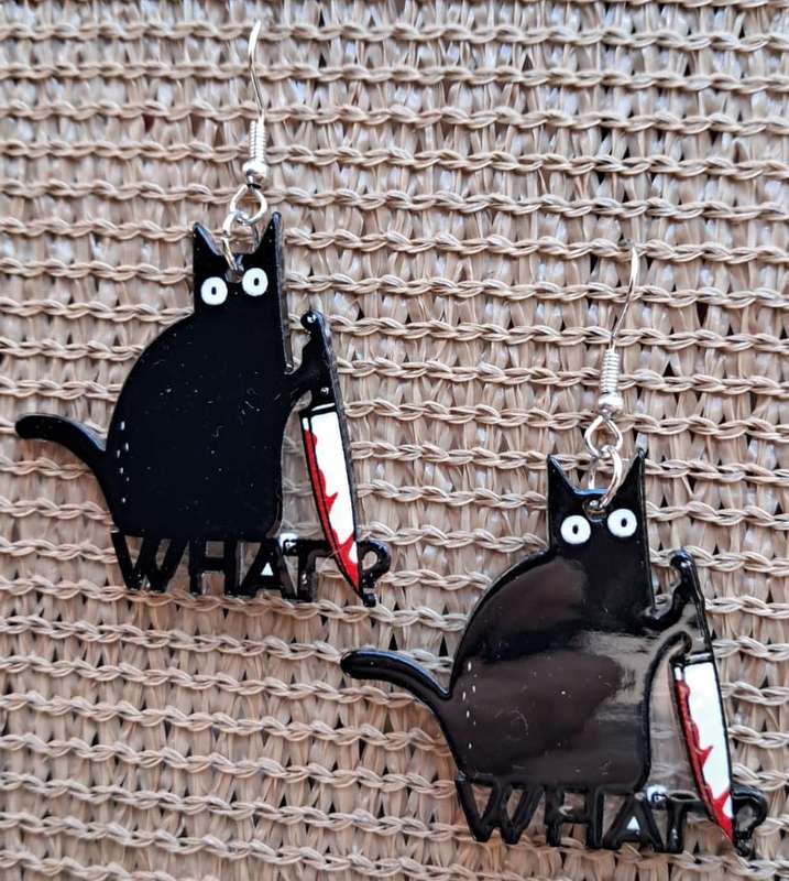 Spooky Cat Acrylic Dangle Earrings - 'WHAT?' Black