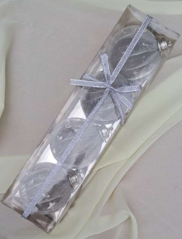 Christmas Decorations Wire & Organza Baubles Silver Print 4pc - NOS