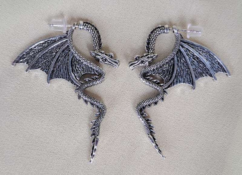 Metal Silver Dragon Detachable Dangle Earrings
