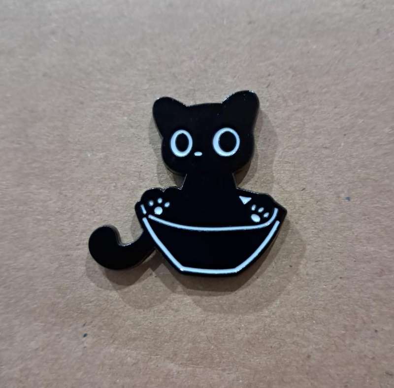 Enamel Metal Pin Badge Black Cat Sitting in Bowl