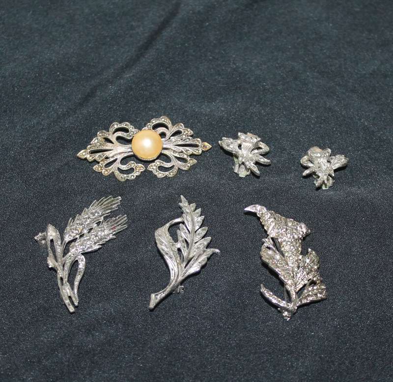 4 Marcasite Brooches and a pair of earrings