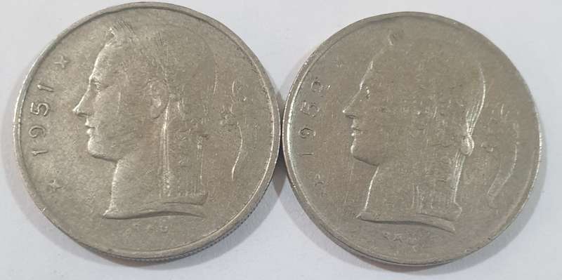 1951 and 1952 Belgium 1 Franc Coins with head of Ceres @@ R1 No reserve