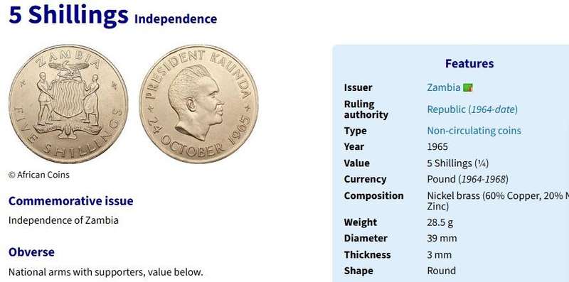 ZAMBIA 1965   Independence Commemorative issue 5 Shillings/Crown  @@ R1 No reserve