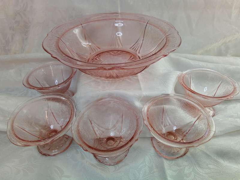 1930's Pink Royal Lace depression glass serving bowl with five sherbet dishes