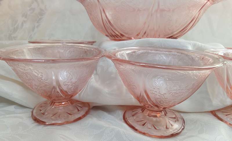 1930's Pink Royal Lace depression glass serving bowl with five sherbet dishes
