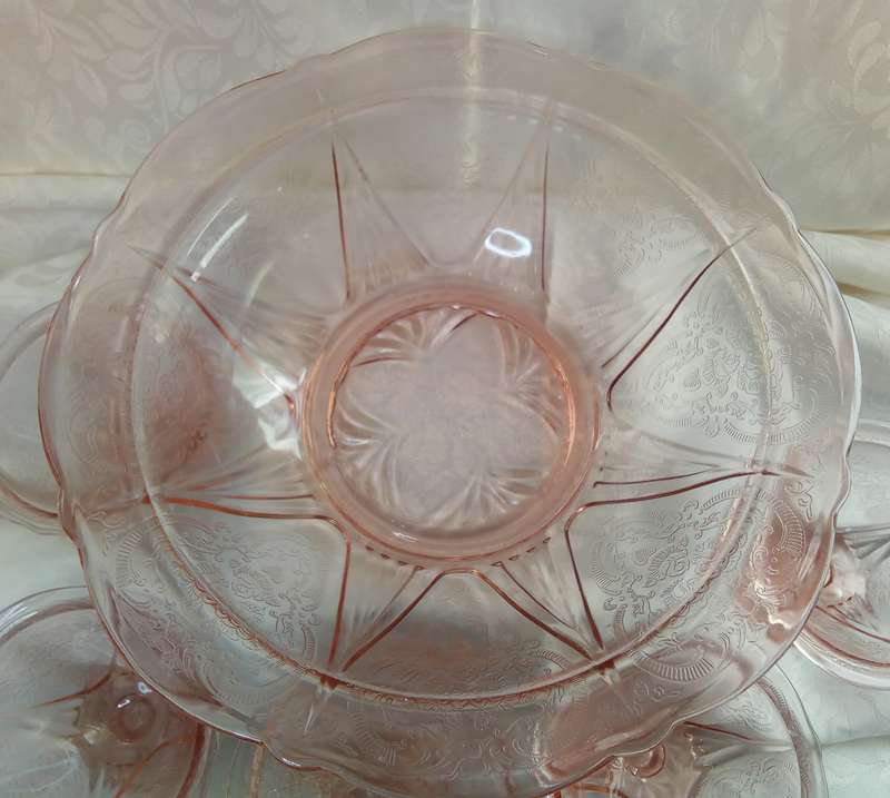 1930's Pink Royal Lace depression glass serving bowl with five sherbet dishes