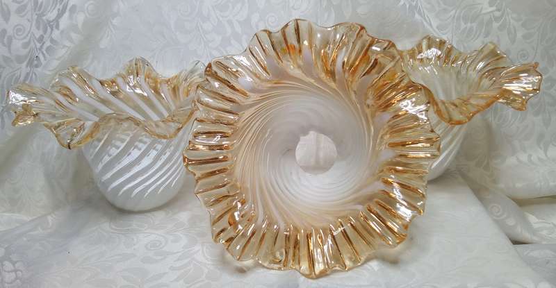 Three Vintage hand blown glass lamp shade peach iridescent tulip