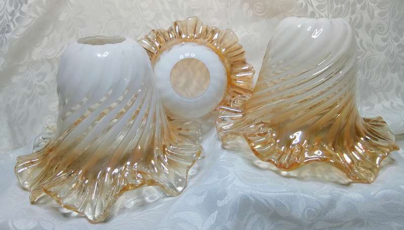 Three Vintage hand blown glass lamp shade peach iridescent tulip