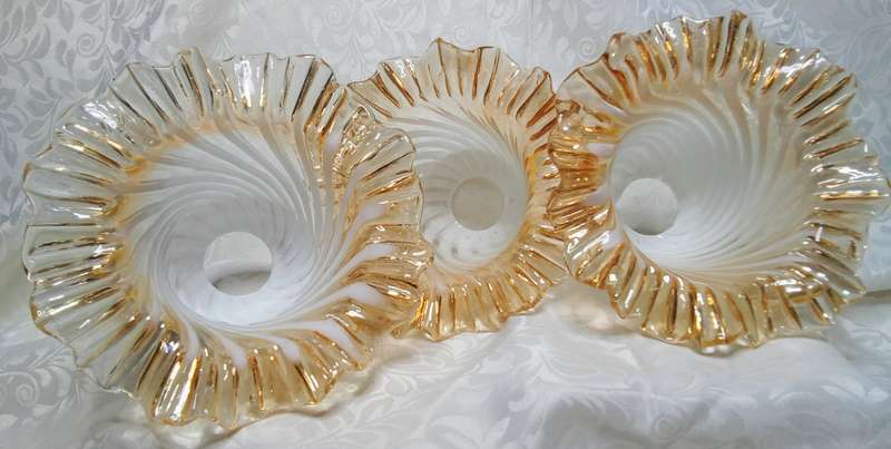 Three Vintage hand blown glass lamp shade peach iridescent tulip