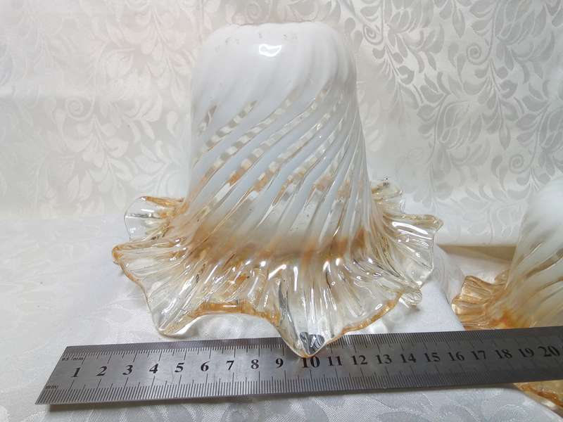 Three Vintage hand blown glass lamp shade peach iridescent tulip