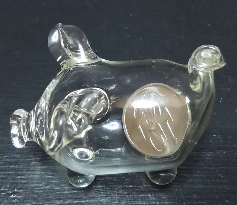Cutest little vintage glass pig with an "old-fashioned" 10c coin inside