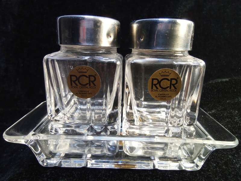 Vintage RCR 24% lead crystal Salt and Pepper set on little tray