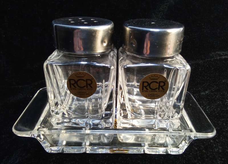 Vintage RCR 24% lead crystal Salt and Pepper set on little tray