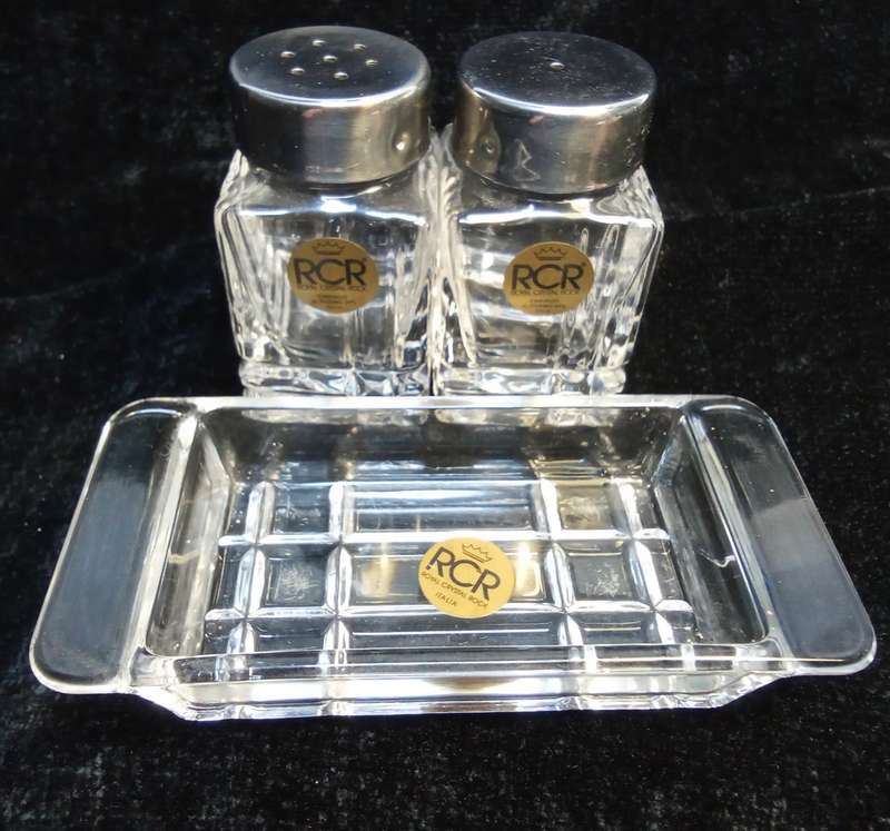 Vintage RCR 24% lead crystal Salt and Pepper set on little tray
