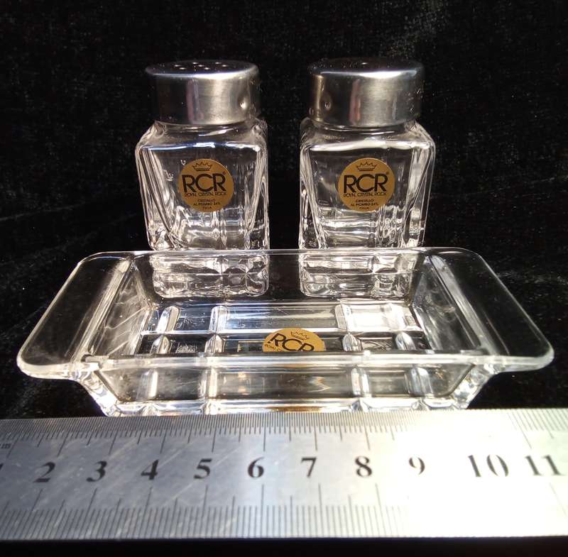 Vintage RCR 24% lead crystal Salt and Pepper set on little tray
