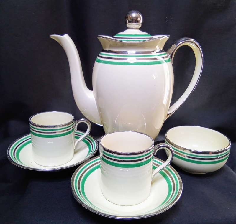 Stunning art deco Copeland Spode Royal Jasmine silver and jade coffee set