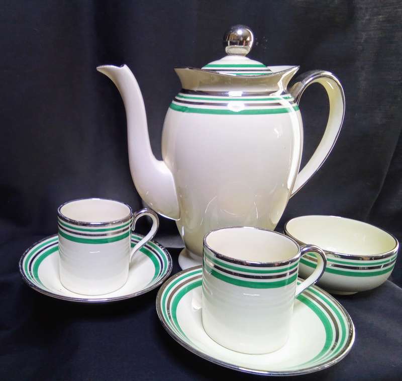Stunning art deco Copeland Spode Royal Jasmine silver and jade coffee set