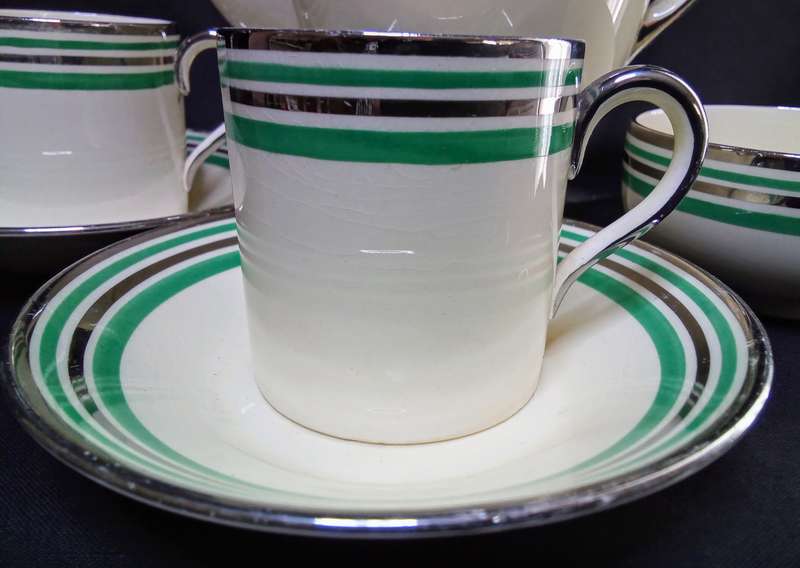 Stunning art deco Copeland Spode Royal Jasmine silver and jade coffee set