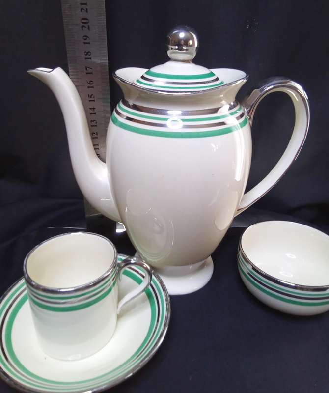 Stunning art deco Copeland Spode Royal Jasmine silver and jade coffee set