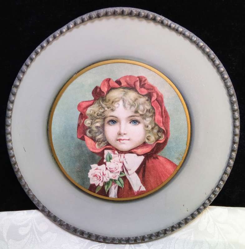 Antique Victorian reverse painted glass stove flue cover with young lady