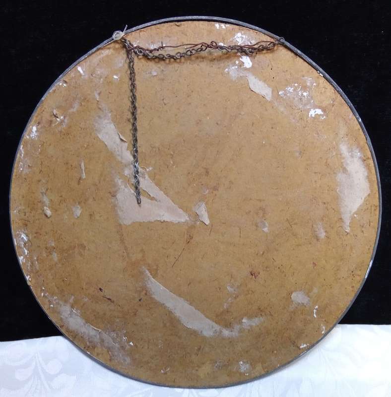 Antique Victorian reverse painted glass stove flue cover with young lady