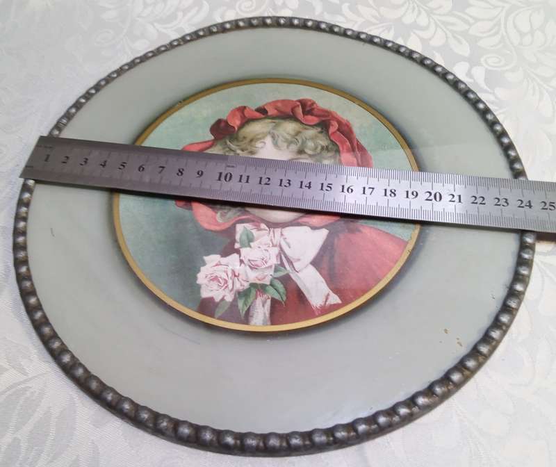 Antique Victorian reverse painted glass stove flue cover with young lady