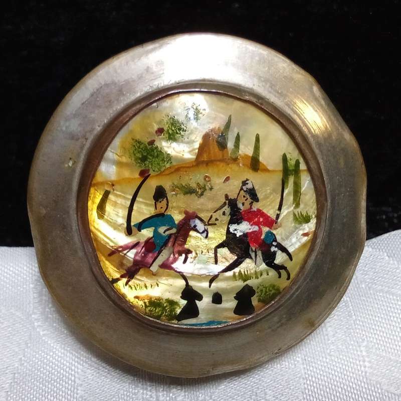 Vintage brass lidded box with hand painted Persian riders
