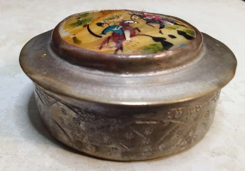 Vintage brass lidded box with hand painted Persian riders