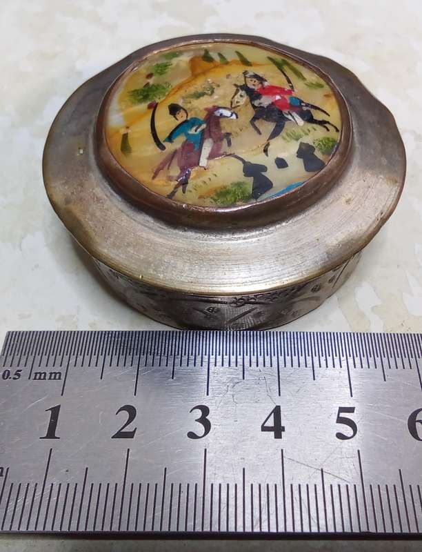 Vintage brass lidded box with hand painted Persian riders