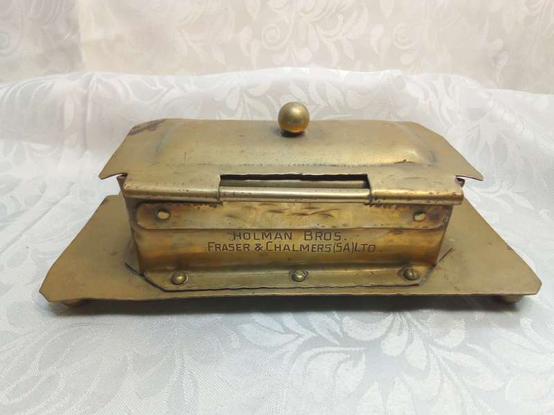Very interesting vintage brass hand made ink well holder