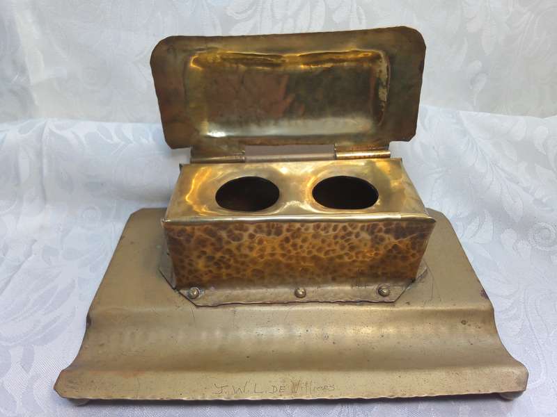 Very interesting vintage brass hand made ink well holder