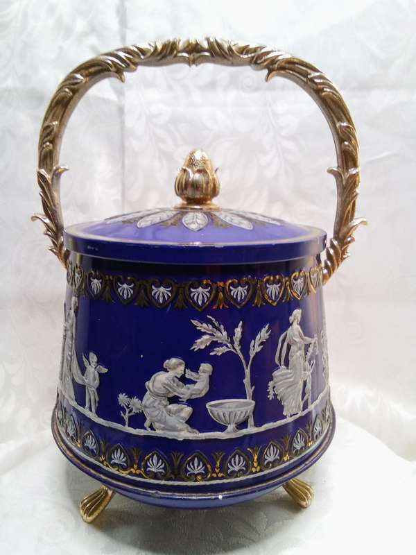 Beautiful Vintage Footed Biscuit Tin with Lid & Handle