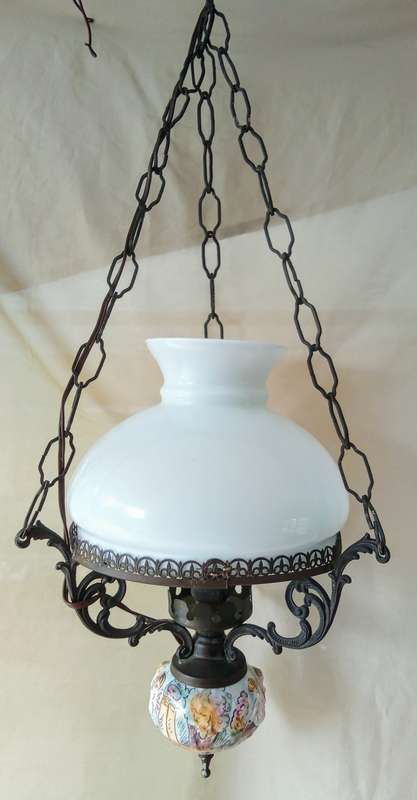 Lovely vintage ceiling light with porcelain base and milk glass shade